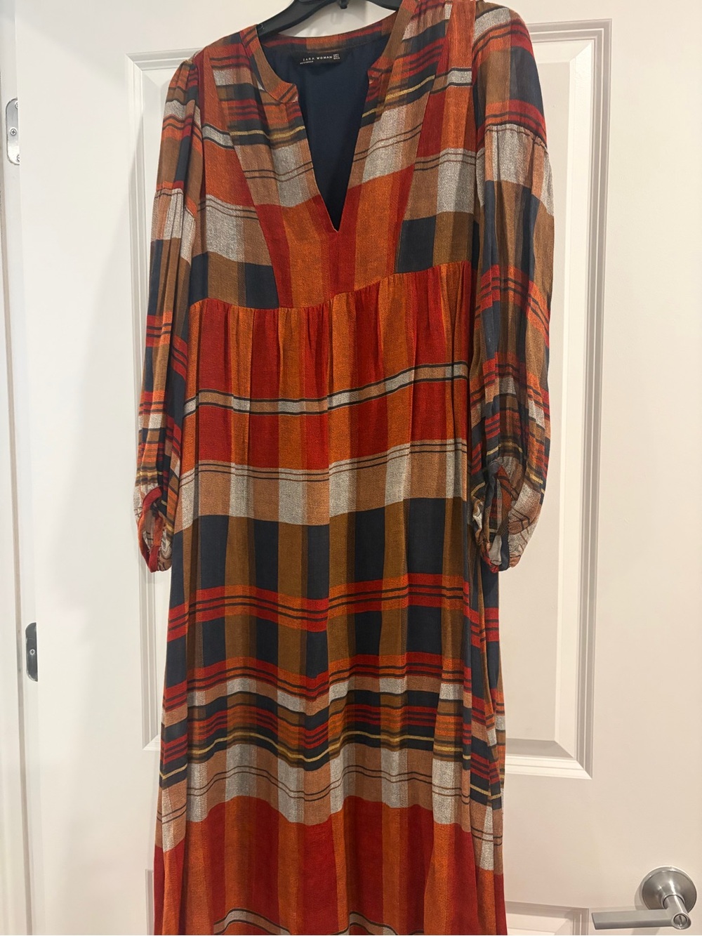Zara Rust Navy Plaid Long Sleeve V-Neck Dress